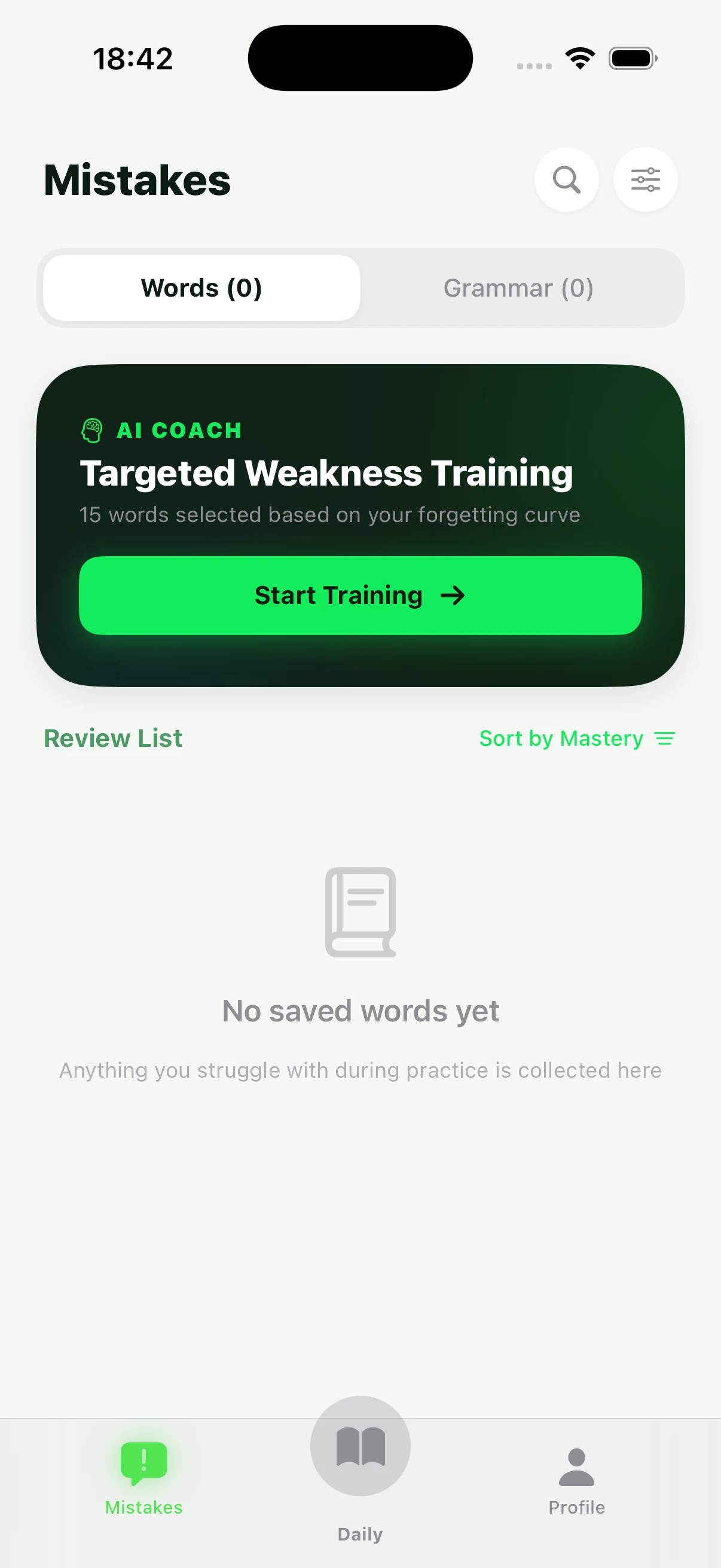 The weak-words notebook with an AI coach training card